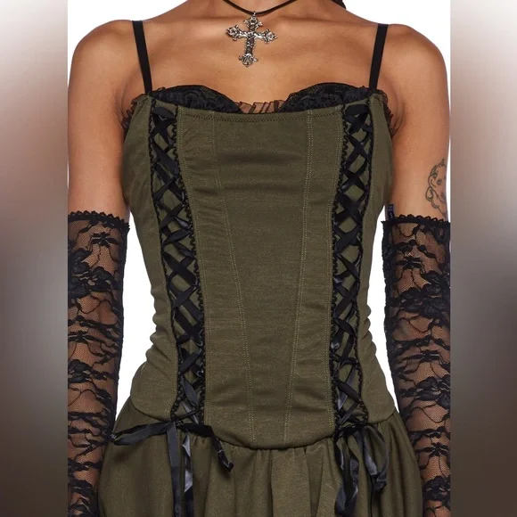 💔SOLD💔CURRENT MOOD Lost Tales Corset Mini Dress Handkerchief Hem Lace Trim - Picture 14 of 14